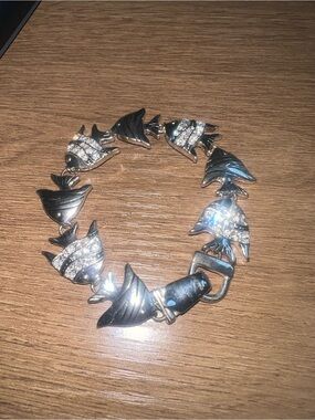 Silver Fish Link Bracelet with Crystal Accents
